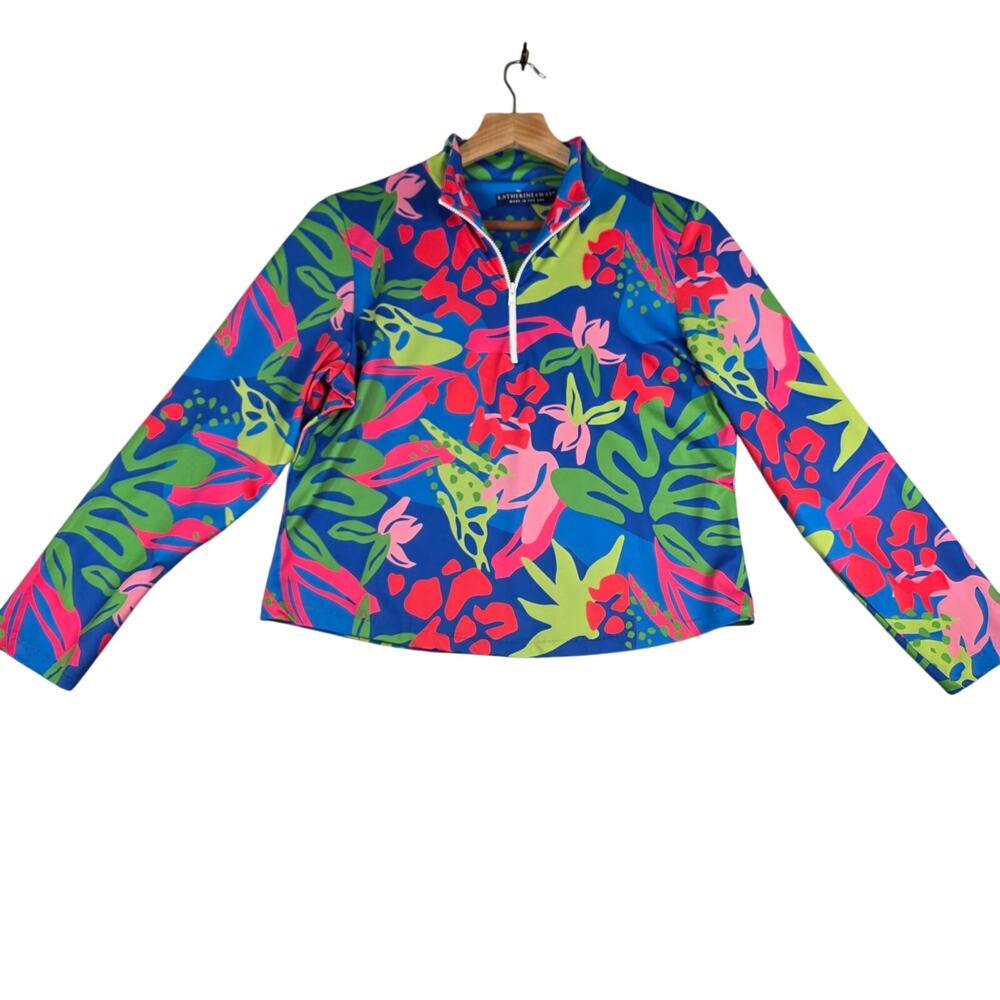 Katherine Way Blue Tropical Quarter Zip Top